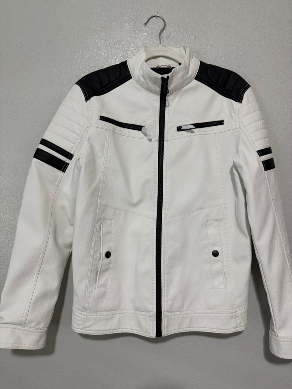 Men's White Faux Leather Bomber Jacket with Black Accents